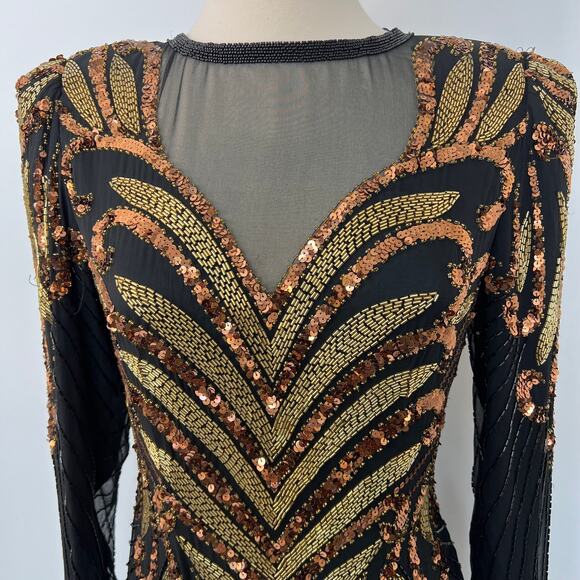Cache Vintage Silk Fully Beaded Sequin Black Mini Dress Long Sleeve S/M - Picture 3 of 10